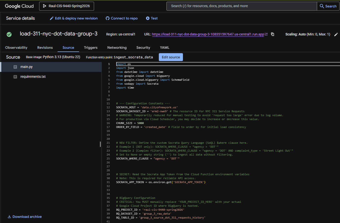 Screenshot of Cloud Function - 311 Service Requests