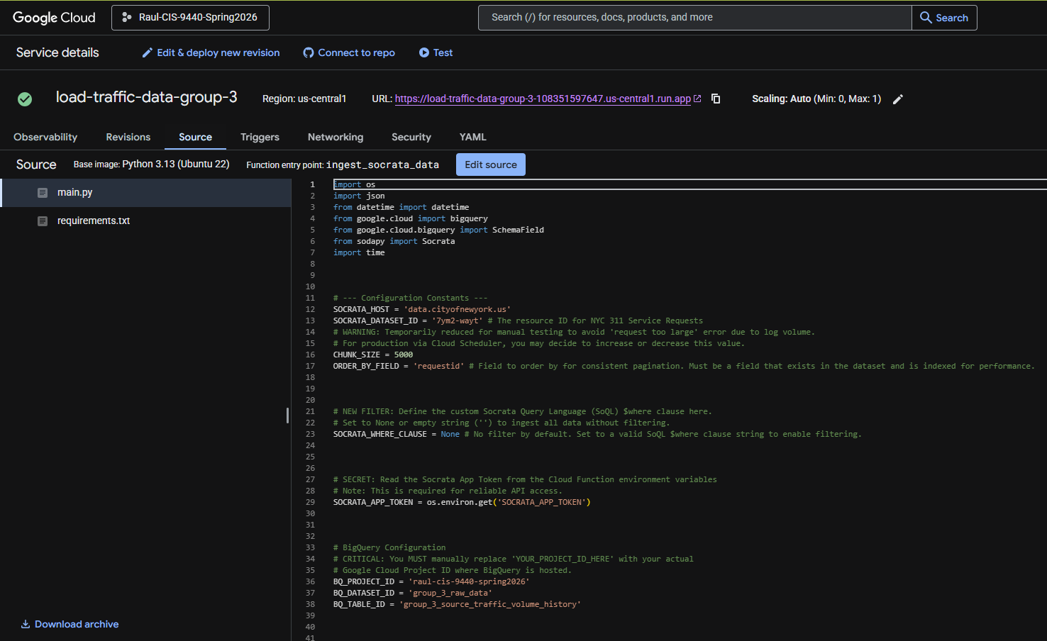Screenshot of Cloud Function - Traffic Volume Counts